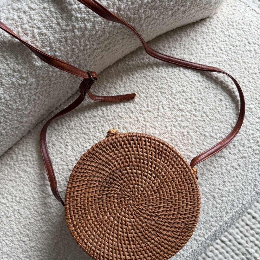 Brown Round Woven Crossbody Bag with Leather Strap - made in Italy